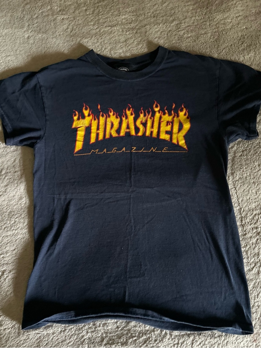 Thrasher Navy Short Sleeve Tee with Yellow-Orange Flame Logo